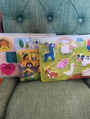B Toys Set of 3 Wood Puzzles - Farm Animals, Shapes & Emotions, School Bus